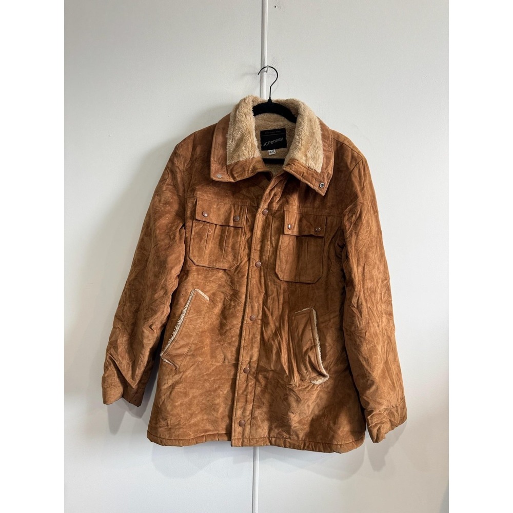 VTG JCPenney Coat Mens 42L Brown Microfiber Sherpa Lined Snap Parka Winter Fur